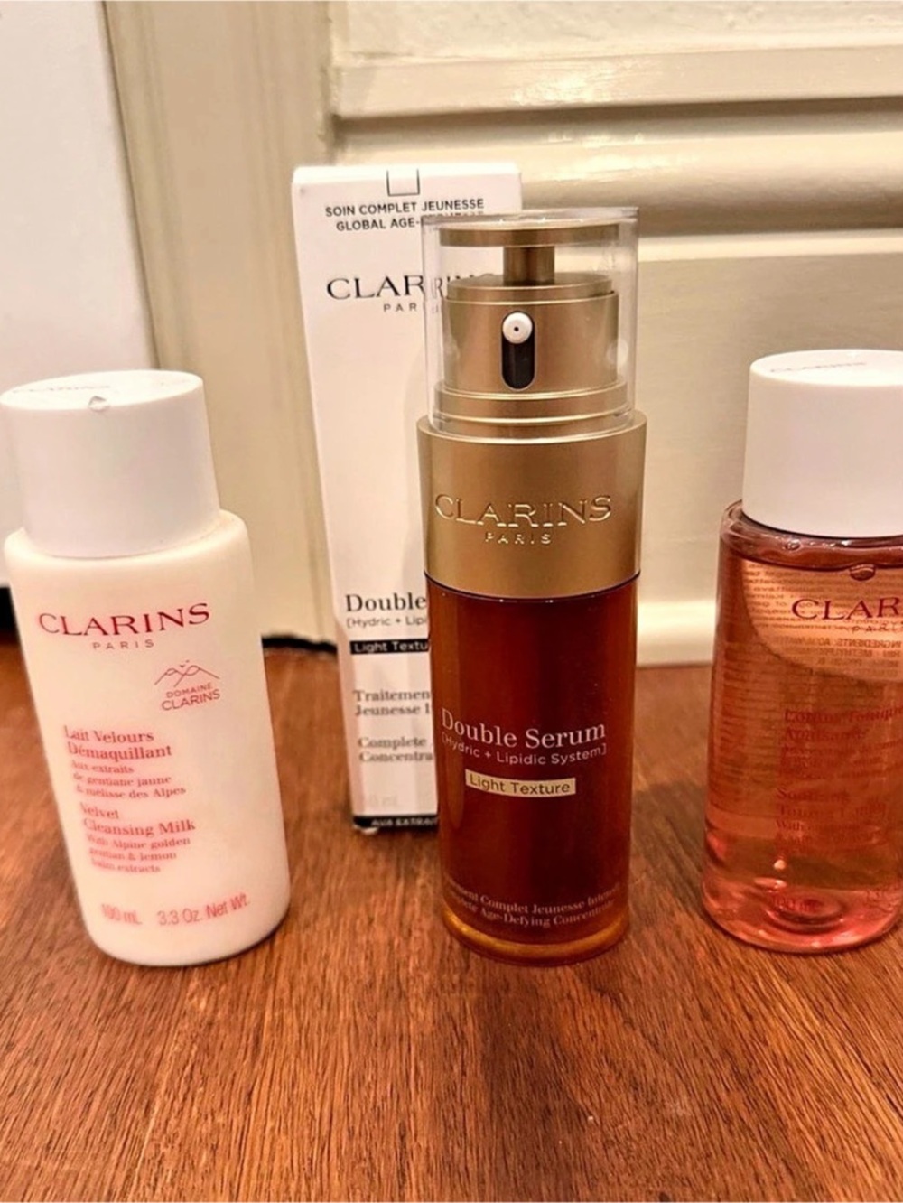 Clarins Double Serum Light Texture Skincare Set Brown & Pink NWT